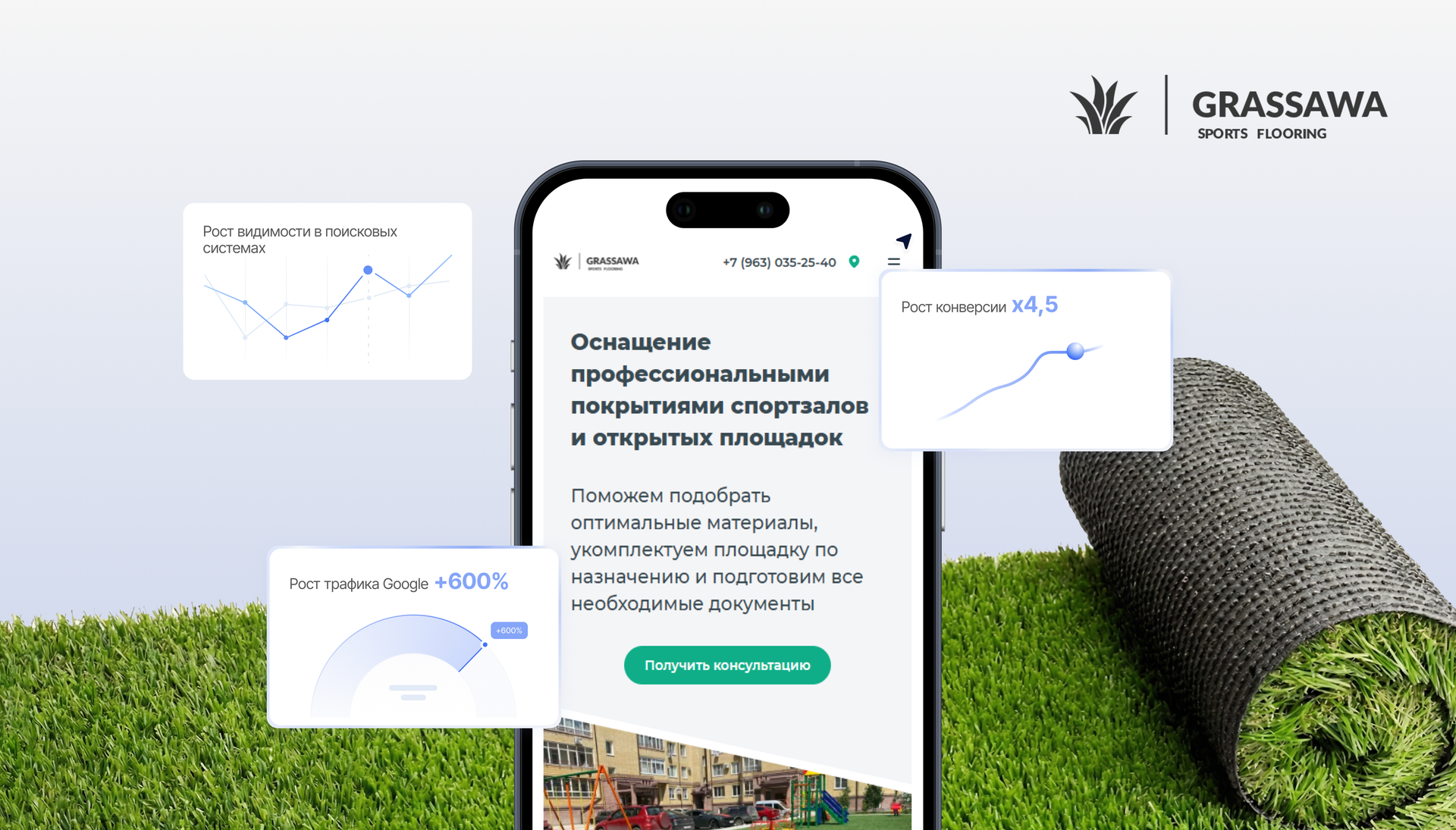 Кейс Grassawa: мобильная версия сайта спортивных покрытий, рост видимости в поиске, трафика Google на 600% и конверсии в 4,5 раза